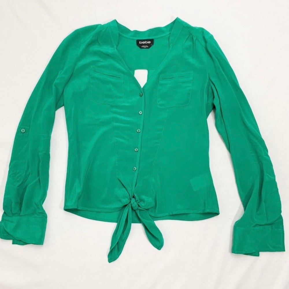 BEBE Silky Button Down Tie-Front Blouse